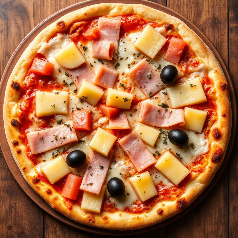 Hawaïenne — Tomate, fromage, jambon, ananas, origan, olives
